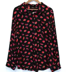 Torrid Plus Size 3X‎ Lizzie Georgette Button Front Blouse Lips Black Pink Red