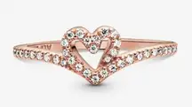 Pandora Sparkling Wishbone Heart Ring Rose Gold Plated Size 58