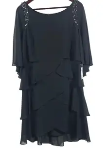 SLNY‎ Black Tiered Chiffon Beaded Capelet Overlay Cocktail Dress Size 12