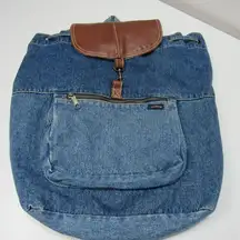 Vintage 90s Riders Jeans Blue Denim Pull string Leather Flip Backpack Book Bag