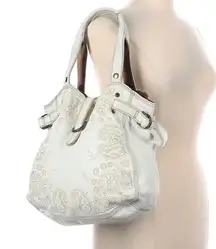 Y2K Lucky Brand White Paisley Print Leather Tote Bag Purse