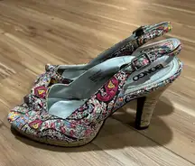 BONGO Red and Yellow Mixed Pattern Heels Peep Toe Slingback Size 9 1/2