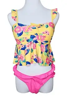 Arizona Jean Yellow Pink Cried Ruffle Tankini Floral 2pc Swimsuit LARGE Poolcore