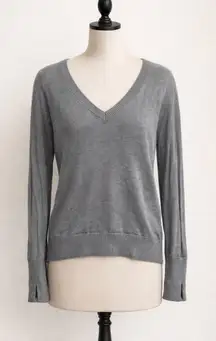 Gray Long Sleeve V Neck Knit Top Draped Back Thumbhole Sleeves Medium