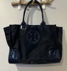 Tory Burch Tote Bag Navy Nylon Patent Small Purse See Photos