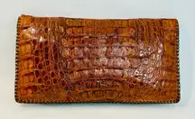 Vintage Mid-Century Genuine Alligator Brown Leather Clutch with Whipstitch Edges