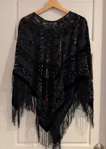 Black Velvet Fringe Burnout Floral Embossed Whimsigoth Shawl