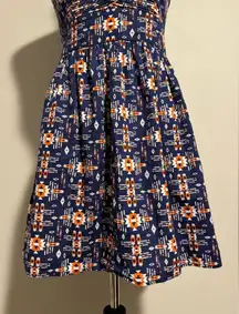 EUC BeBop Blue and Orange Aztec Print Strapless Babydoll Dress size medium