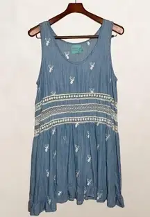 Judith March chambray deer sleeveless blue and white embroidered mini dress L