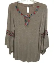 Democracy Beige Embroidered Floral Trim Top Womens Size Medium Boho