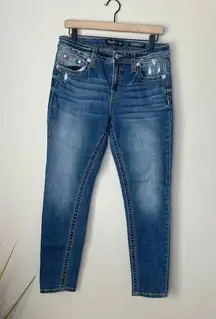 Miss Me Mid-Rise Skinny Jeans SZ 31 Distressed Whisker Embellished Contrast