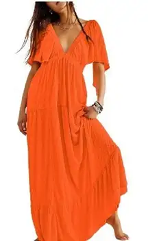 NWT Kikibell Orange Maxi Dress V Neck Flutter Sleeve, Tiered, Flowy, Boho Small‎