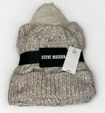 Steve Madden Taupe Cable Knit Beanie Hat & Scarf Set Faux Fur Pom One Size NWT