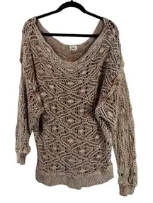BKE Buckle Asymmetrical Off-Shoulder Open-Knit Sweater Beige Women's Size L
