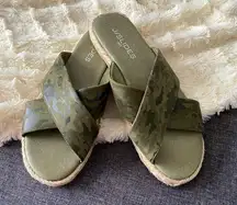 J/Slides size 6.5 camo leather cross strap slip on sandals NWOT