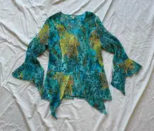 Vintage turquoise, blue & green leopard cheetah asymmetrical fairy crinkle top