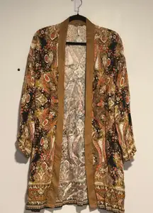 Free People Kimono Jacket XS Boho Paisley Longline Open Front Cardigan Festival