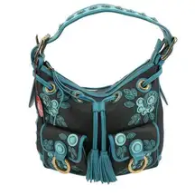 NWT Isabella Fiore Set in Stone Leather Steph Black Blue Shoulder Hobo Bag Purse