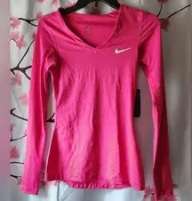 New With Tags Nike Dri-Fit Pink Long Sleeve Training V Neck Fitted Shirt Size XS