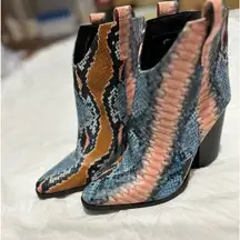 Qupid  Faux Snakeskin Colorful Wedge Booties