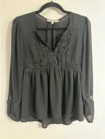 Daniel Rainn Black Lace Blouse Long Sleeve V‎ Neck Babydoll Top Small S