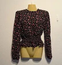 Arizona Jean Co Black Floral Long Sleeve Smocked Peplum Blouse Size M Crop Top