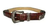 Vintage 90s Brighton Leather Croc Belt Silver Ornate Buckle Medium