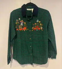 Vintage Fall pumpkin patch embroidered plaid button down