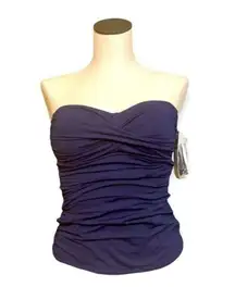 NEW Anne Cole women’s Navy Twist front Ruched Solid Bandeau Tankini Top Sz small