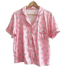 Candy Cane Pajama Set Collared Button Front & Shorts Size Medium Pink Holiday