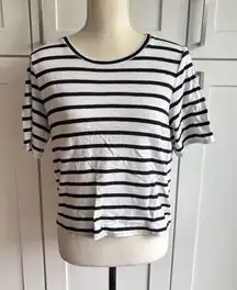 Club Monaco Black Striped Crew Neck Linen Cropped T-Shirt Size M Casual