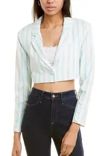 NWOT For Love and Lemons Aqua White Striped Cropped Linen Blazer Jacket Small