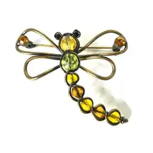 None Dragonfly Wire Beaded Faceted Stone Artisan Brooch Pin Gold Bronze Tone