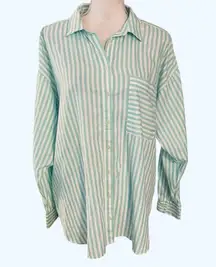 Loft Size L 100% Cotton Button Up Front Top Shirt Green White Stripe Oversized