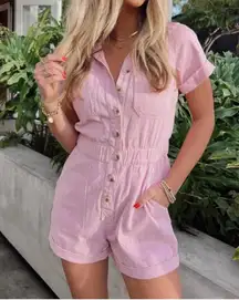 Show Me Your Mumu Cannon Romper in Pink Denim Shorts Chic Size XS