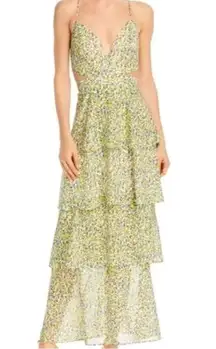 Aqua Yellow Floral Tiered Spaghetti Strap Maxi Dress Side Cut Outs Size Large