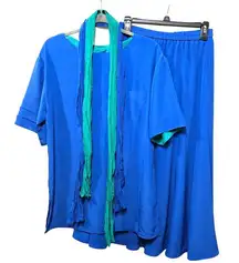 70s Vintage Bright Blue Campus Casual Crewneck Blouse Skirt Scarf 3 Piece Set