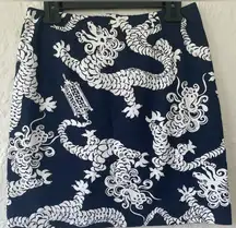 Lily Pulitzer fully lined, cotton navy blue dragon print, skirt, back zip;size 4