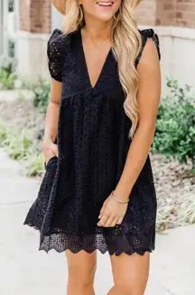 Black Eyelet Babydoll V Neck Lace Shift Dress