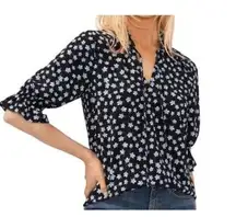 CeCe Women's Black Tie Neck 3/4 Sleeve Floral Print Blouse M