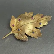 VINTAGE CARL ART Signed 14K Solid Gold Ruby Sapphire MAPLE LEAF BROOCH PIN