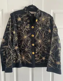 New Direction Womens Large Black Button Up Jacket Gold Floral Embroidery Artsy