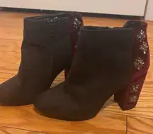FARYLROBEN Ankle Boots  JEWELED Rhinestones 50/50 Black Maroon Red Sz 5.5 Heels