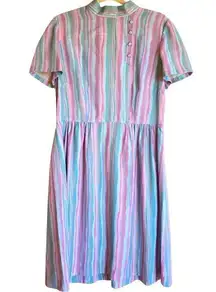 Vintage | 70s Mod Pastel Stripe Mock Neck Fairycore Midi Dress | Fits Large