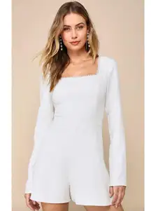 Lulus Luminous Aesthetic White Pearl Bow Long Sleeve Romper Wedding Bridal S NWT