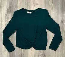 Ivoire Dark Green Long Sleeve Cropped T Shirt Front Twist Top Rayon Size L