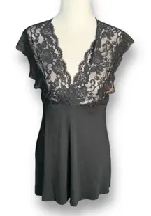 Vintage Y2K Ann Ferriday Black Lace Sheer Babydoll Blouse Small Bow Tie Back
