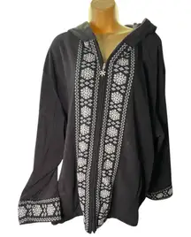 Vintage 90s Y2K Fashion Bug Zip Fleece Hoodie Snowflake Trim Black 30/32W