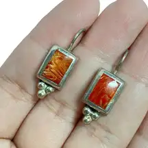 Vintage Signed MEXICO ATI 925 Sterling Silver Rectangular Carnelian Hook Earring