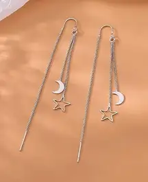 Silver Moon Star Threader Long Tassel Earring Chain, Drop Dangle Woman Earrings